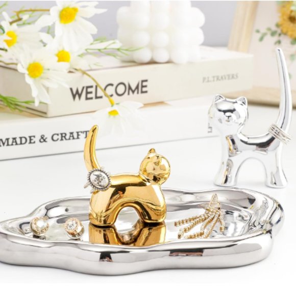 Ceramic Jewelry Cloud-Shaped Tray & 2 Removable Cat Ring Holder Set - Picture 3 of 9